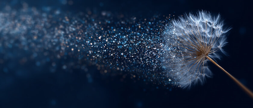 A dandelion seed blowing away in the wind, leaving behind an array of sparkling particles against a dark blue background