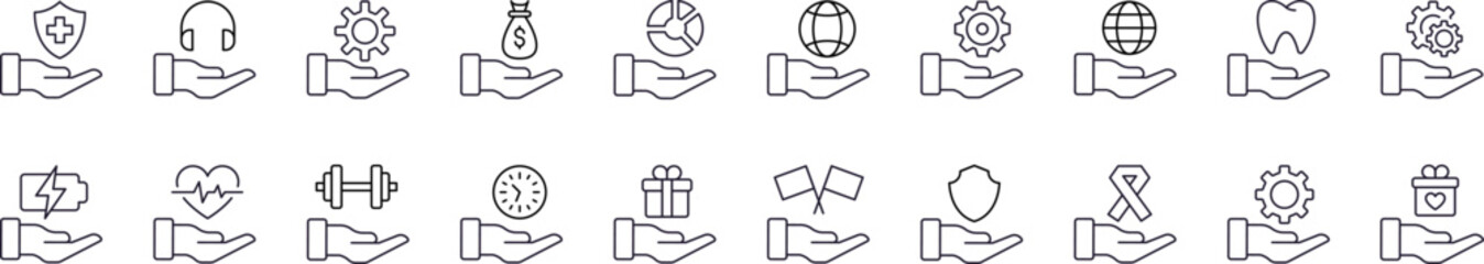 Collection of Outline Symbols of Globe, Business, Gear, Healthcare Drawn with Thin Line for Graphics, Cards, Web Sites, Apps