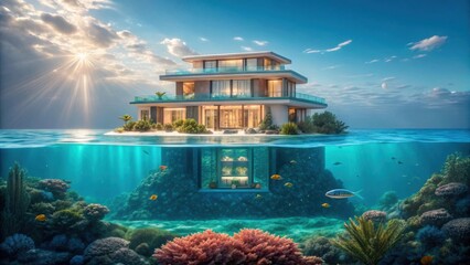 Luxurious modern home floating above a vibrant underwater coral reef