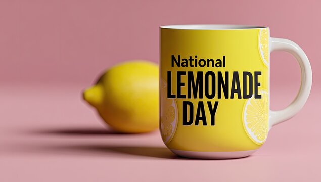Yellow mug with "National Lemonade Day" text and lemon slices. Pink background