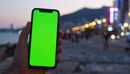 Man Holding Smartphone with Green Screen at Evening Seaside Promenade
