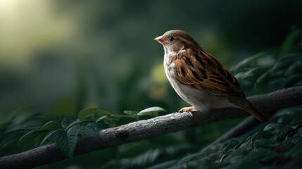 Fototapeta premium Sparrow bird perched branch forest nature sunlight brown feather wildlife peaceful green leaf animal beak small wild outdoor natural environment