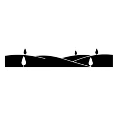 Silhouette Landscape: A minimalist illustration of rolling hills dotted with stylized trees against a monochrome backdrop, evoking a sense of serenity and natural beauty.