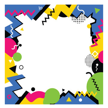 Abstract frame with geometric shapes in vibrant colors, creating a playful and dynamic border around a central white space.