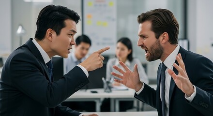 Angry businessmen arguing in office meeting expressing disagreement