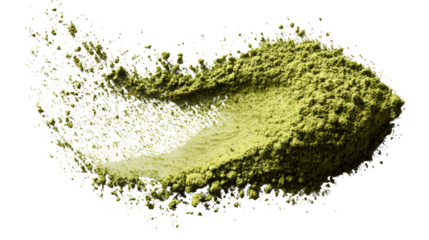 Green matcha powder, spilled on a white isolate background, showcasing its vibrant color and fine texture.
