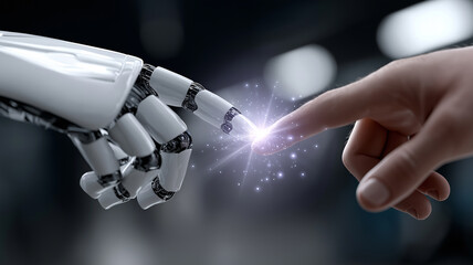 Symbolic Human and AI Interaction Scene with Binary Code, Data Nodes, and Holographic Interfaces Radiating Between Touching Fingers, robotic human connection, artificial intelligence collaboration,