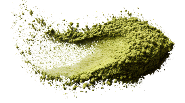 Green matcha powder, spilled on a white isolate background, showcasing its vibrant color and fine texture.