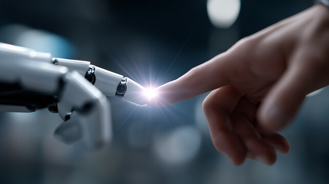 Cybernetic Collaboration Concept Showing Metallic Robotic Hand and Warm Human Hand Meeting Amid Digital Grid and Machine Learning Models, robotic human connection, artificial intelligence collaboratio