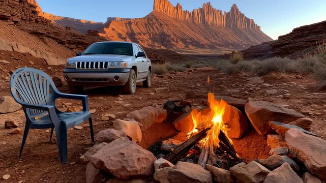 Serene desert camping adventure with campfire, blue chair, parked vehicle, and majestic mountains in background, perfect for outdoor nature lovers