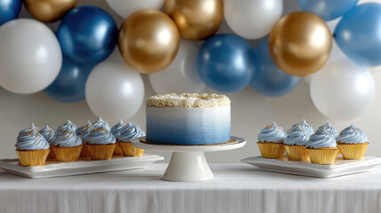 Blue cupcake white cake gold balloon party table dessert celebration festive sweet elegant joyful