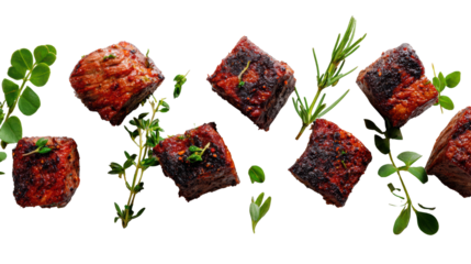 Grilled meat cubes garnished with fresh herbs, isolated on a white background.