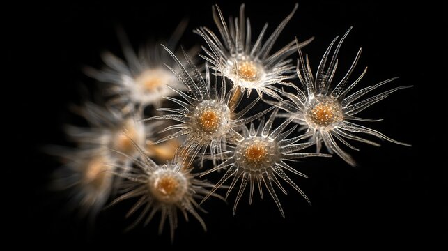 Group of translucent hydroid polyps with star-like tentacles on a dark background