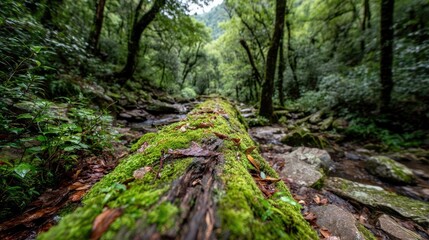 Fallen log covered in moss, forest floor, lush greenery