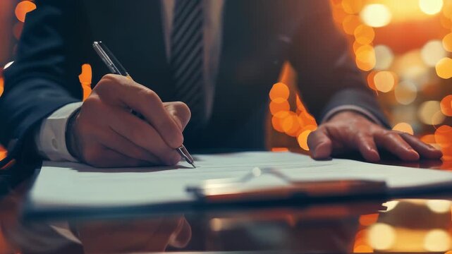 Focused individual wearing suit is captured signing document with pen in atmosphere filled with soft, bokeh lights. act signing is central, emphasizing paperwork.