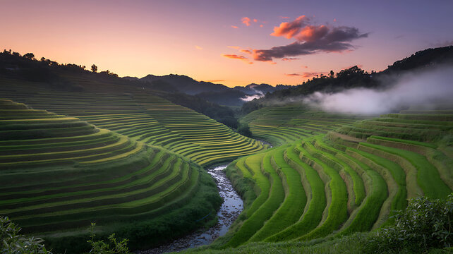 Lush green rice terraces carved into a misty mountain valley at sunrise - Powered by Adobe