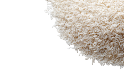 Heap of uncooked white rice on a white isolated background.
