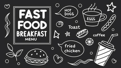 A chalkboard-style illustration featuring various fast food breakfast items and menu text.