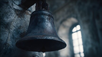 Ornate church bell hanging in a weathered stone tower
