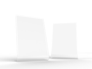 3D Realistic Acrylic Flyer Stand Mockup with white paper. Blank rectangular stand A4 paper display information for menu label, restaurant, cafe, price tag, banner, picture stand, sign holder, ads