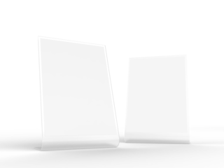 3D Realistic Acrylic Flyer Stand Mockup with white paper. Blank rectangular stand A4 paper display information for menu label, restaurant, cafe, price tag, banner, picture stand, sign holder, ads