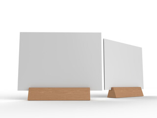3D Realistic table stand, table tent mockup with metal base and white paper acrylic. Blank card holder display information for menu label, restaurant, cafe, banner, picture stand, sign holder, ads