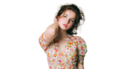 Portrait of a young woman in a floral dress, gently touching her neck with a soft expression.