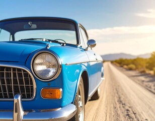 Close-up of a vintage blue car on a desert road