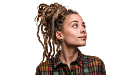 Portrait of a young woman with dreadlocks looking thoughtfully upwards, wearing a plaid shirt, white isolate background.