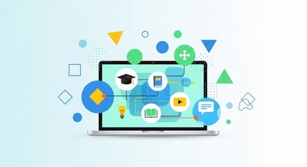 Digital education concept with laptop showing learning icons and abstract geometric shapes symbolizing online courses and knowledge.