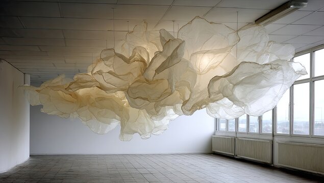 Large, pale, draped cloud sculpture hangs from ceiling