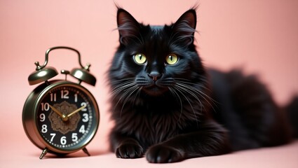 A fluffy black cat with yellow eyes lies next to an alarm clock on a pink background