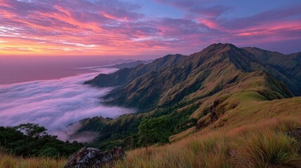 Mountain vista at dawn, vibrant colors, mist-shrouded valley