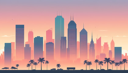 Serene desert landscape at sunrise, showcasing rolling sand dunes bathed in soft pastel hues of pink, orange, and blue, with the sun just beginning to peek over the horizon.