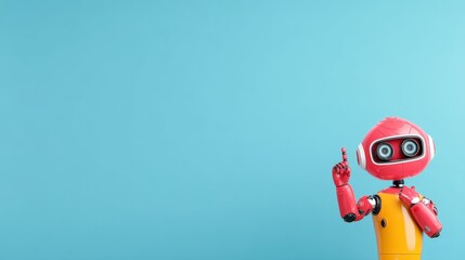 Naklejka premium Playful Interaction with AI Robotics in a Futuristic Setting, A colorful robot character with a playful pose against a blue background.