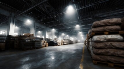 Fototapeta premium Efficient warehouse with organized storage and lighting long title A well lit and organized industrial warehouse with labeled sections shelves and