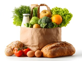 Groceries in a brown paper bag include fresh vegetables, fruits, bread, milk, and other food items.