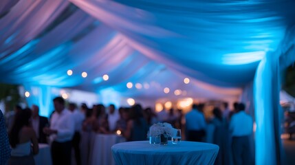 Outdoor wedding reception under a festively lit tent