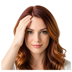 Fototapeta premium Confident woman with auburn hair touching forehead, conveying thought or contemplation with a gentle smile.