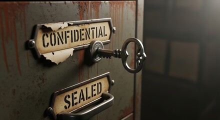 A close-up of a rusty filing cabinet drawer with "Confidential" and "Sealed" labels, secured with a key.