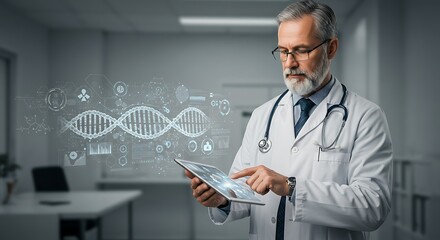 doctor using digital tablet with DNA data visualization in modern medical office.