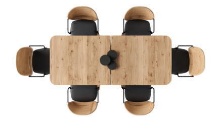 Stylish wooden conference table with black chairs, isolated on a white background.