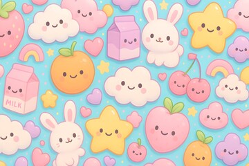Cute Pastel Clouds Fruits and Stars Pattern for Kids