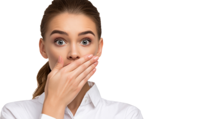 Surprised woman covers her mouth in shock, isolated on white background.