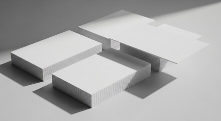 Clean and minimalist stacks of blank white business cards or paper for branding mockups and corporate identity presentations with elegant shadow play.