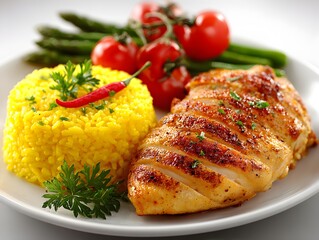 Grilled chicken breast served with yellow rice, asparagus and cherry tomatoes on a white plate.