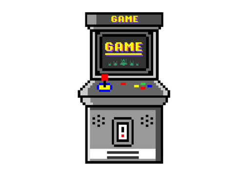 A pixel art arcade machine with a joystick, buttons, and a screen displaying the word "GAME," evoking a nostalgic retro gaming vibe from the golden age of arcades.