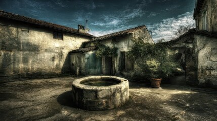 Old stone courtyard with a weathered well.