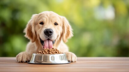 A happy golden retriever puppy eagerly looks at a bowl filled with dry dog food on a wooden table outdoors.