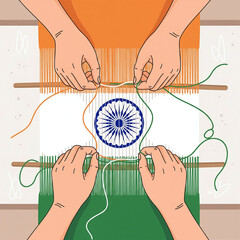 Handcrafted Indian Flag Weaving Vector &ndash; Human Hands Creating Tricolor Fabric with Ashoka Chakra Stitch
